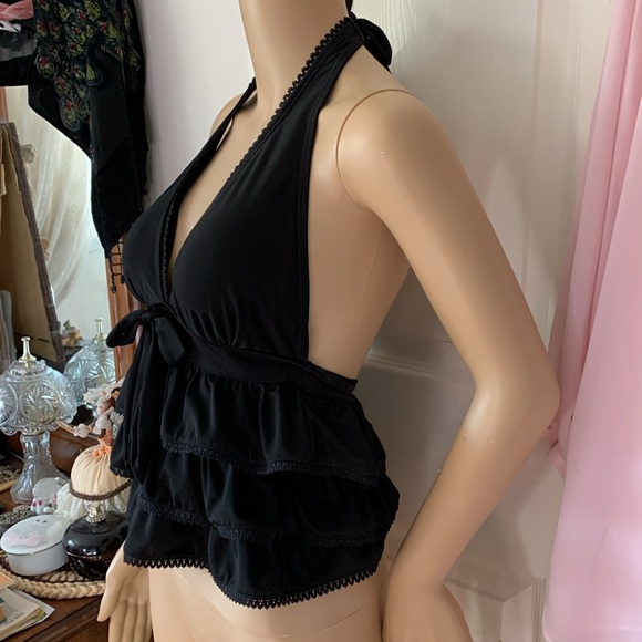 Black ruffle rhumba tankini top halter with bow m - Picture 3 of 13